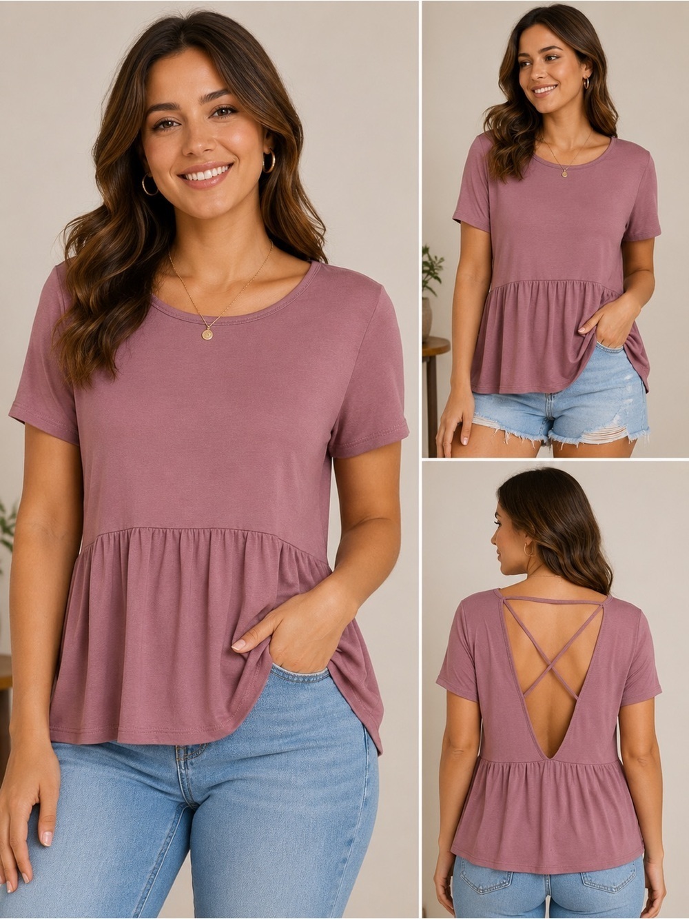 Rokoko by Dazz Mauve Peplum Tee with Strappy Back Size S Boho Cottagecore